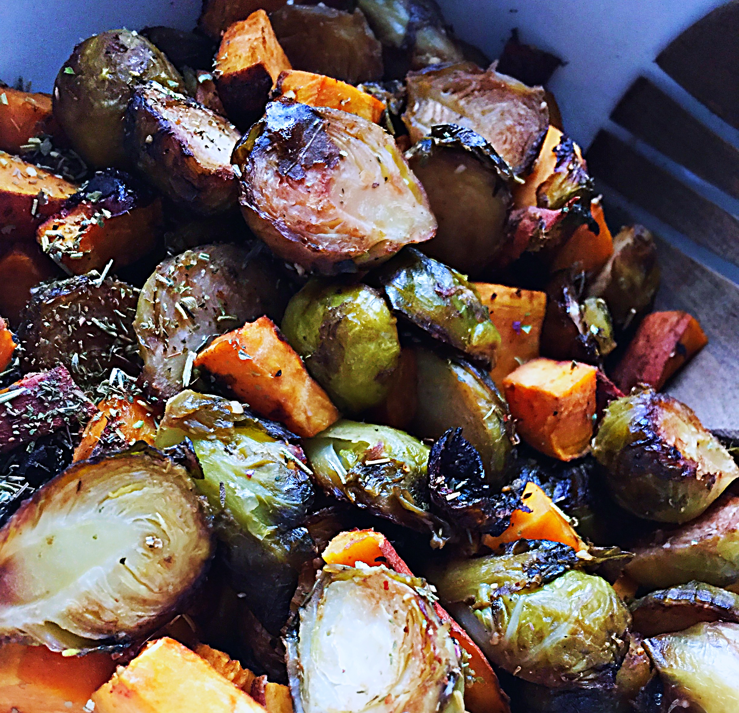 Oven Roasted Brussels Sprouts and Sweet Potatoes with Balsamic Glaze